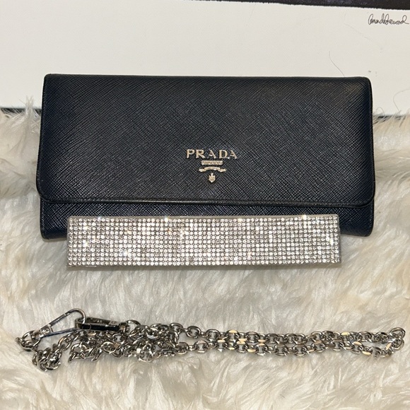 Prada Handbags - Prada Navy Blue Saffiano leather long double snap bifold long wallet